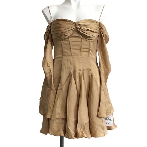 ASOS Gold Milkmaid Style Dress Corset Off Shoulder Satin Mini Dress New Size 4 - Picture 1 of 13